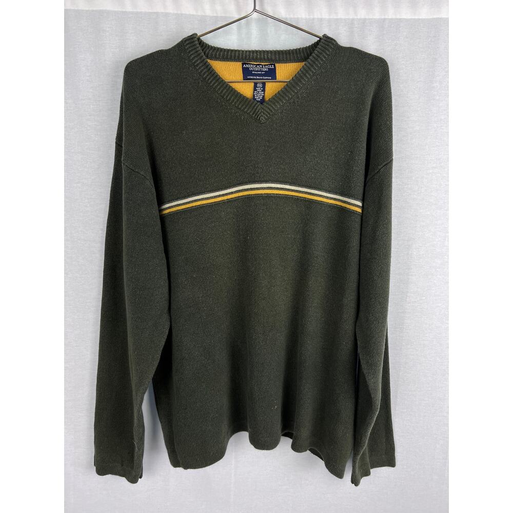 Vintage Y2K American Eagle Sweater Mens V-Neck Stripe Grunge Indie Chunky Preppy